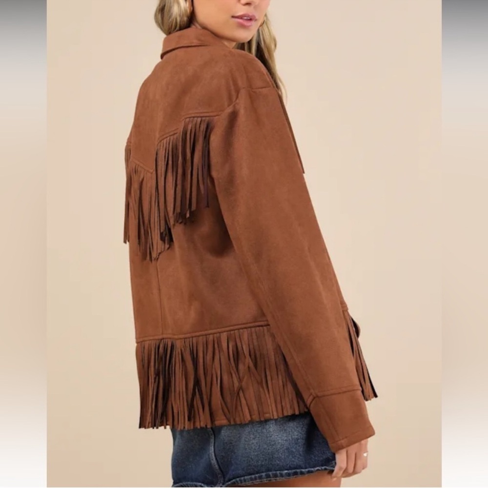 Brown Faux Suede Fringe Jacket - Picture 3 of 6